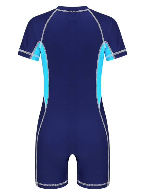  Kids Boy One Piece Swimsuit Short Sleeve Color Block Rash Guard thumb