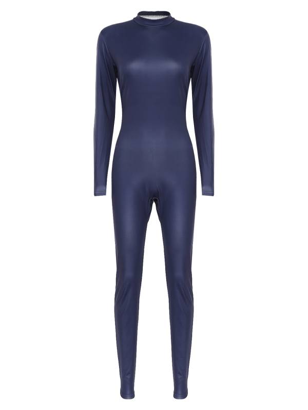 Women Long Sleeve Mock Neck Solid Color Gymnastic Unitard thumb