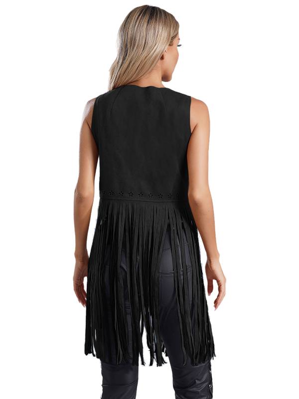 Women 70s Disco Tassel Vest Open Front Sleeveless Faux Suede Jacket thumb