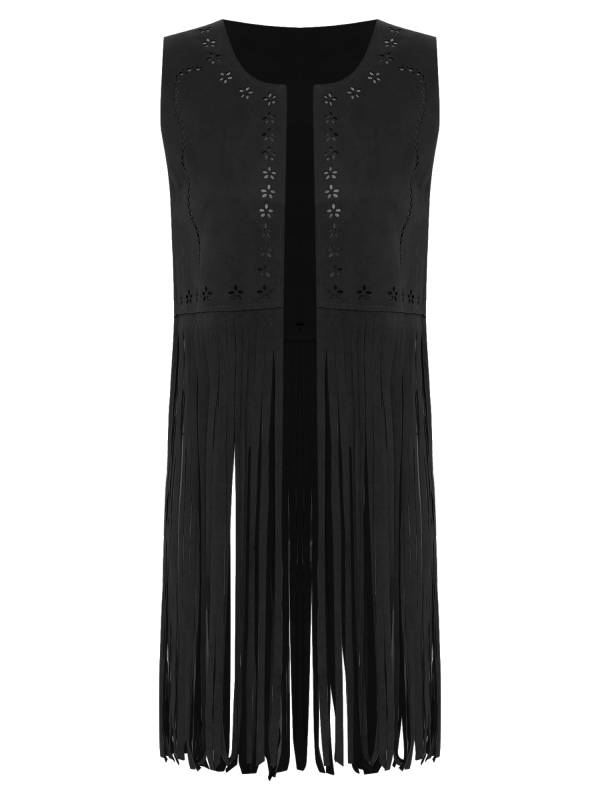 Women 70s Disco Tassel Vest Open Front Sleeveless Faux Suede Jacket thumb