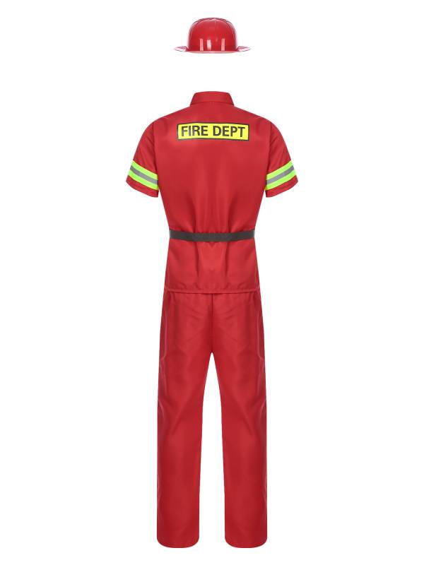 Men 4pcs Short Sleeve Jacket and Pants with Helmet Belt Firefighter Costume Set thumb
