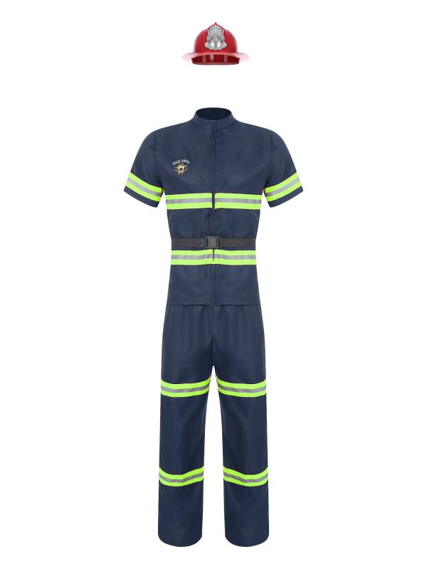 Men 4pcs Short Sleeve Jacket and Pants with Helmet Belt Firefighter Costume Set thumb
