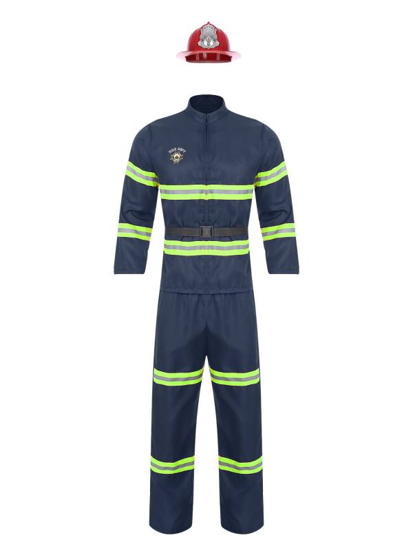 Men 4pcs Long Sleeve Jacket and Pants with Helmet Belt Firefighter Costume Set thumb