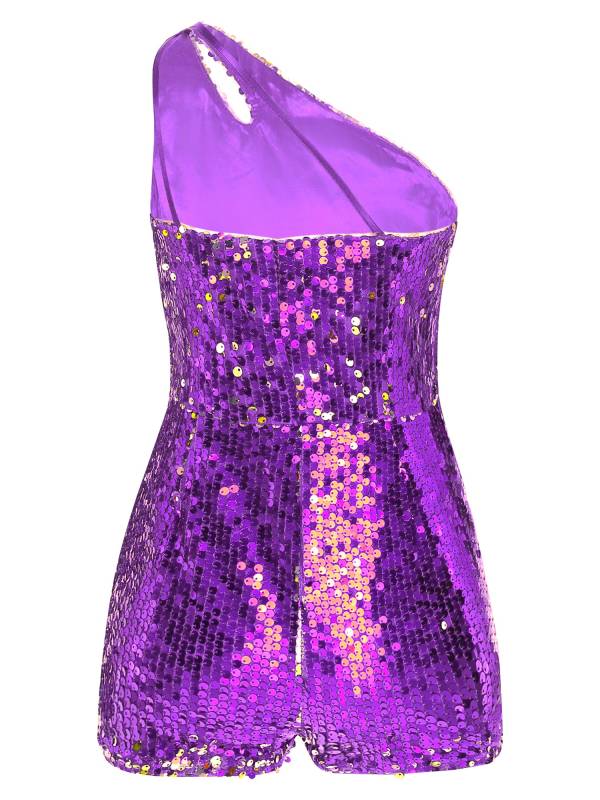 Kids Girls Sequin One Shoulder Sleeveless Prom Romper thumb