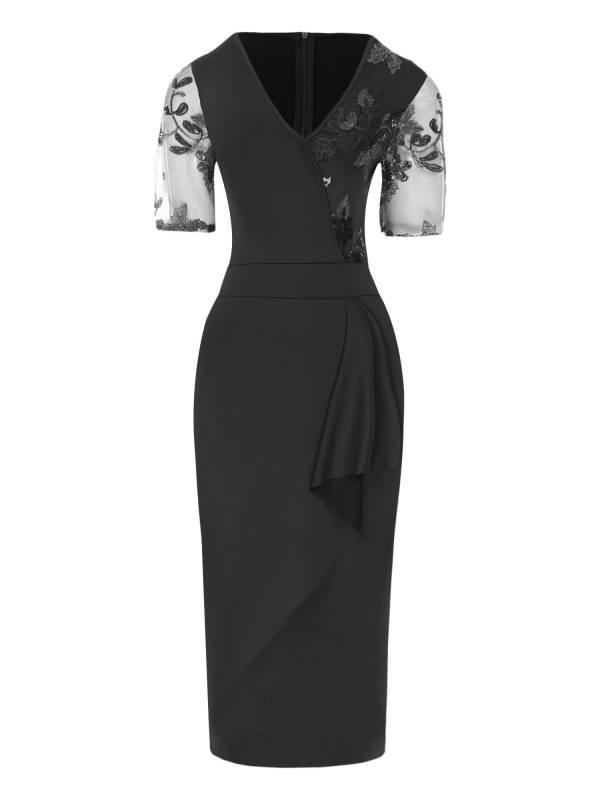 Women Pencil Dress V Neck Short Sleeve Sequin Tulle Bodycon Dress for Cocktail thumb