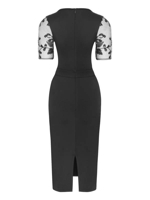 Women Pencil Dress V Neck Short Sleeve Sequin Tulle Bodycon Dress for Cocktail thumb