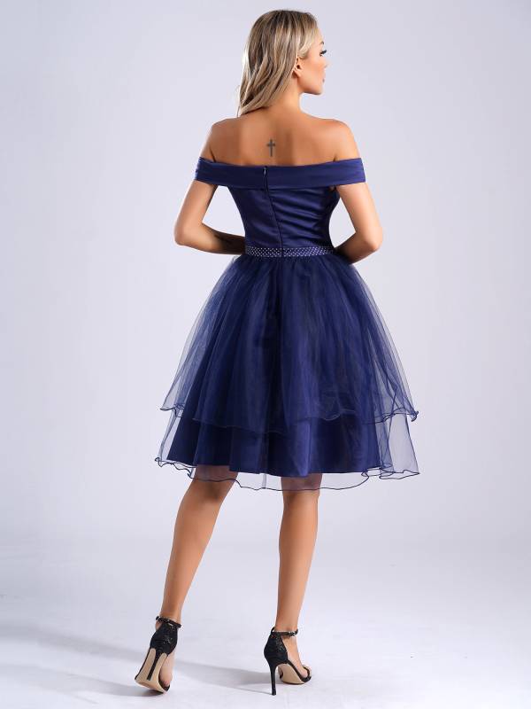 Women Off Shoulder Built-in Pad Rhinestones Tulle A-line Prom Dress thumb