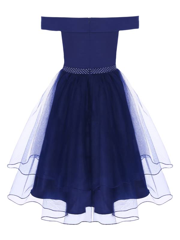 Women Off Shoulder Built-in Pad Rhinestones Tulle A-line Prom Dress thumb