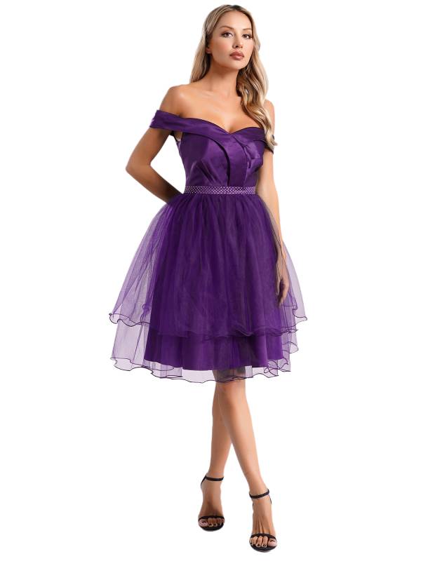 Women Off Shoulder Built-in Pad Rhinestones Tulle A-line Prom Dress thumb