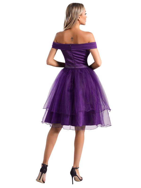 Women Off Shoulder Built-in Pad Rhinestones Tulle A-line Prom Dress thumb