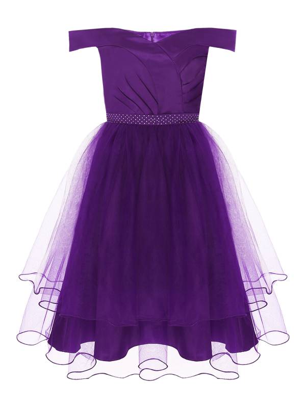 Women Off Shoulder Built-in Pad Rhinestones Tulle A-line Prom Dress thumb