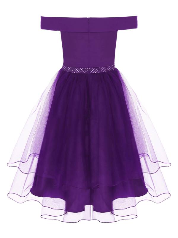 Women Off Shoulder Built-in Pad Rhinestones Tulle A-line Prom Dress thumb