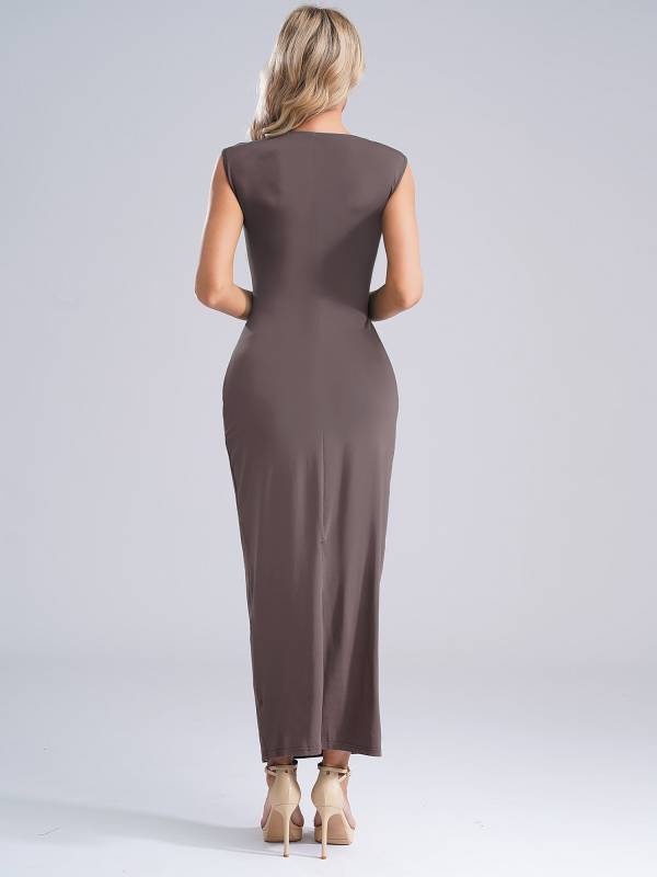 Women Bodycon Dress Mock Neck Sleeveless High Waist Split Cocktail Dress thumb