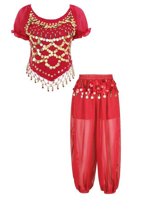 Women 2pcs Short Sleeve Sequined Crop Top and Side Slit Pants Belly Dance Set thumb