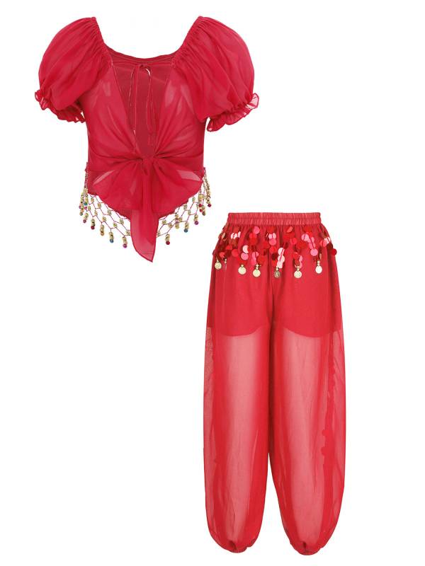 Women 2pcs Short Sleeve Sequined Crop Top and Side Slit Pants Belly Dance Set thumb