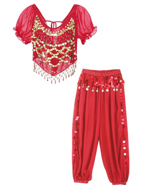 Women 2pcs Short Sleeve Sequined Crop Top and Side Slit Pants Belly Dance Set thumb