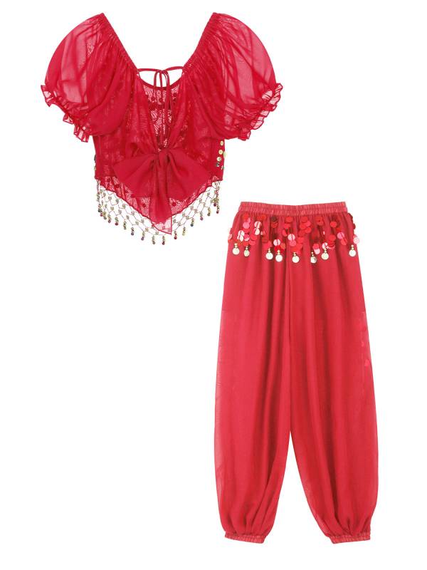 Women 2pcs Short Sleeve Sequined Crop Top and Side Slit Pants Belly Dance Set thumb