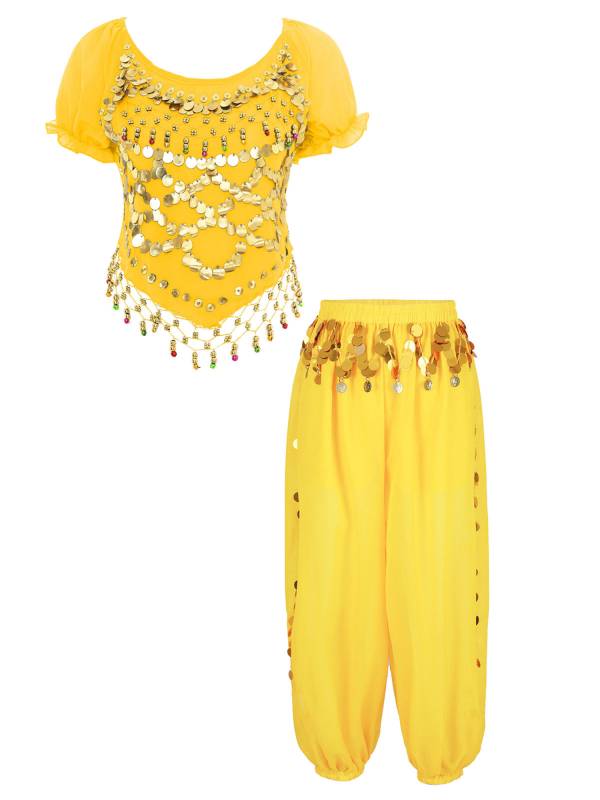 Women 2pcs Short Sleeve Sequined Crop Top and Side Slit Pants Belly Dance Set thumb