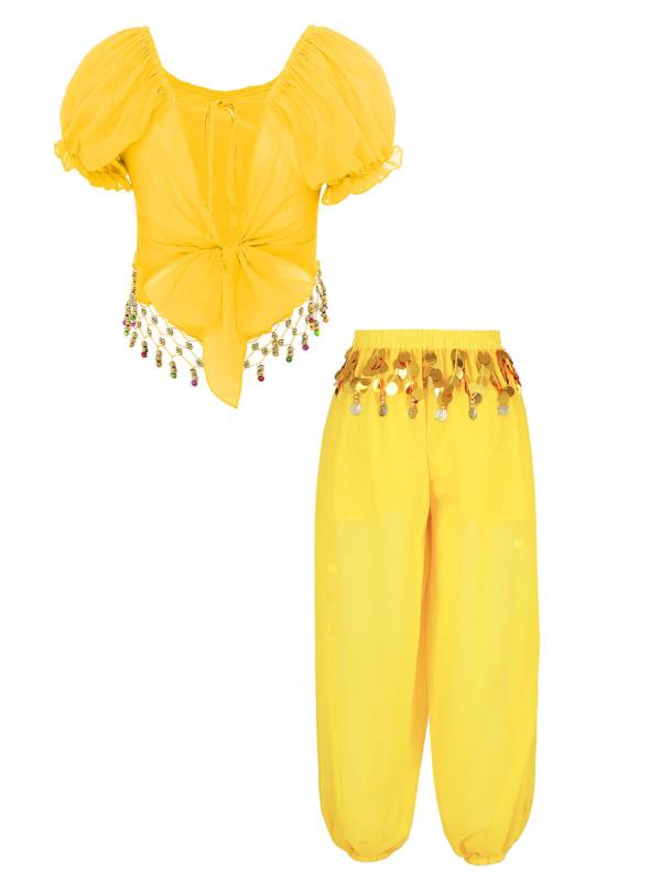 Women 2pcs Short Sleeve Sequined Crop Top and Side Slit Pants Belly Dance Set thumb