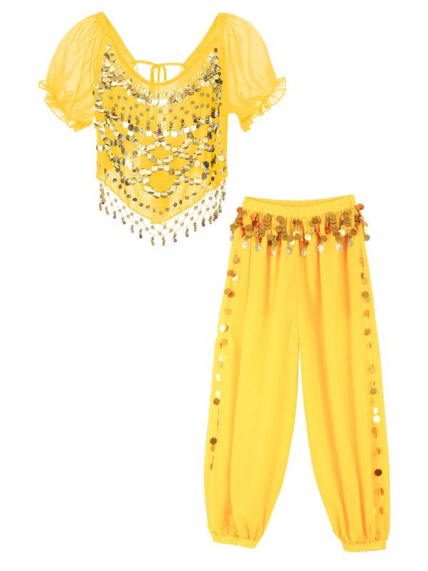 Women 2pcs Short Sleeve Sequined Crop Top and Side Slit Pants Belly Dance Set thumb