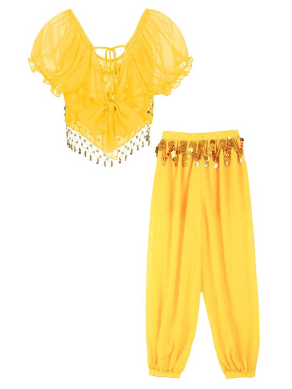 Women 2pcs Short Sleeve Sequined Crop Top and Side Slit Pants Belly Dance Set thumb