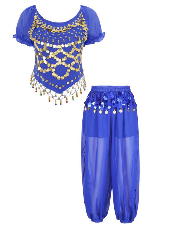 Women 2pcs Short Sleeve Sequined Crop Top and Side Slit Pants Belly Dance Set thumb