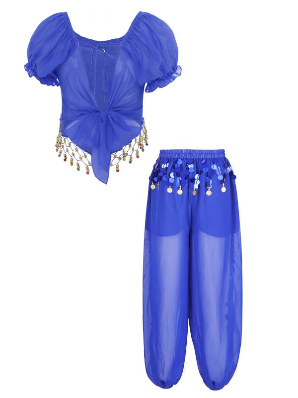 Women 2pcs Short Sleeve Sequined Crop Top and Side Slit Pants Belly Dance Set thumb