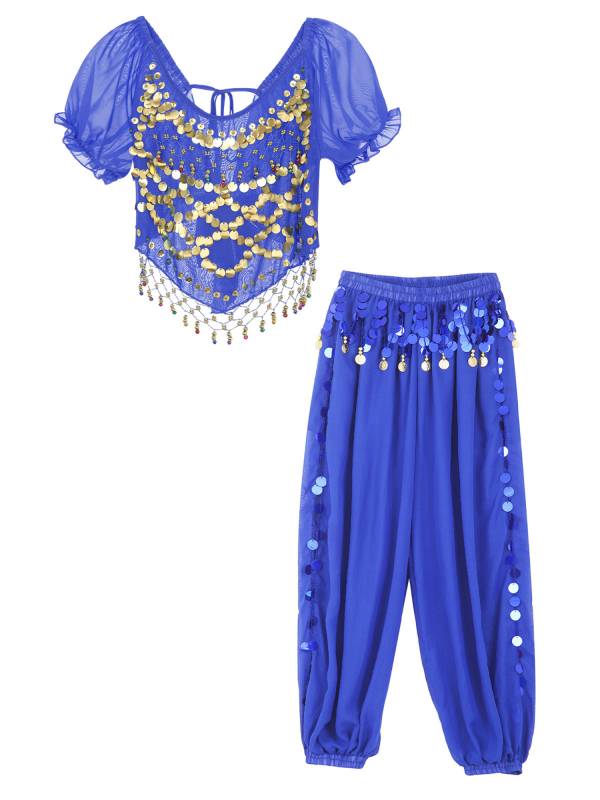 Women 2pcs Short Sleeve Sequined Crop Top and Side Slit Pants Belly Dance Set thumb