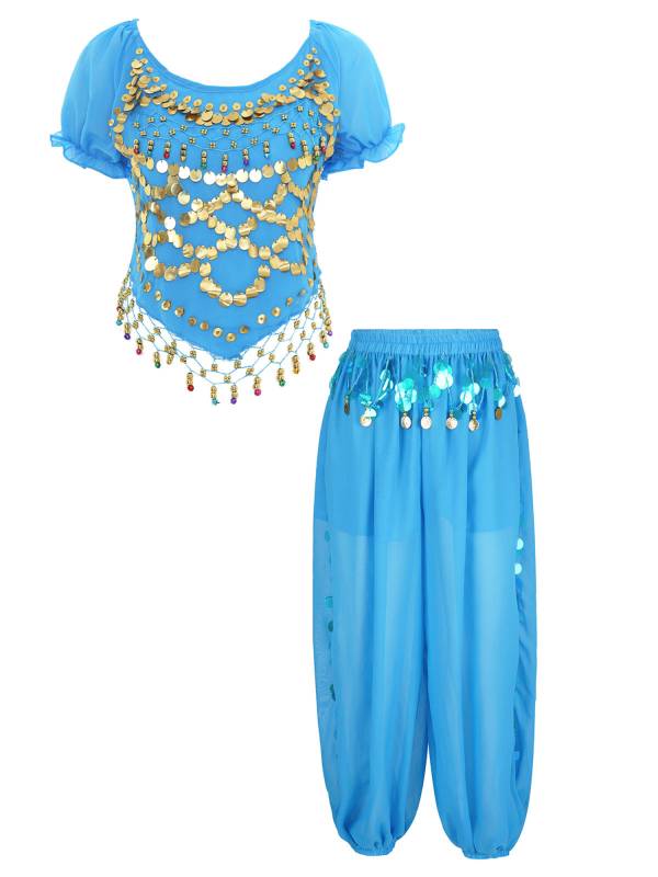 Women 2pcs Short Sleeve Sequined Crop Top and Side Slit Pants Belly Dance Set thumb