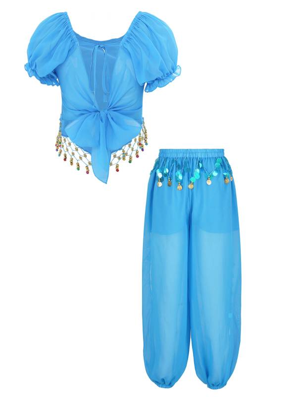 Women 2pcs Short Sleeve Sequined Crop Top and Side Slit Pants Belly Dance Set thumb