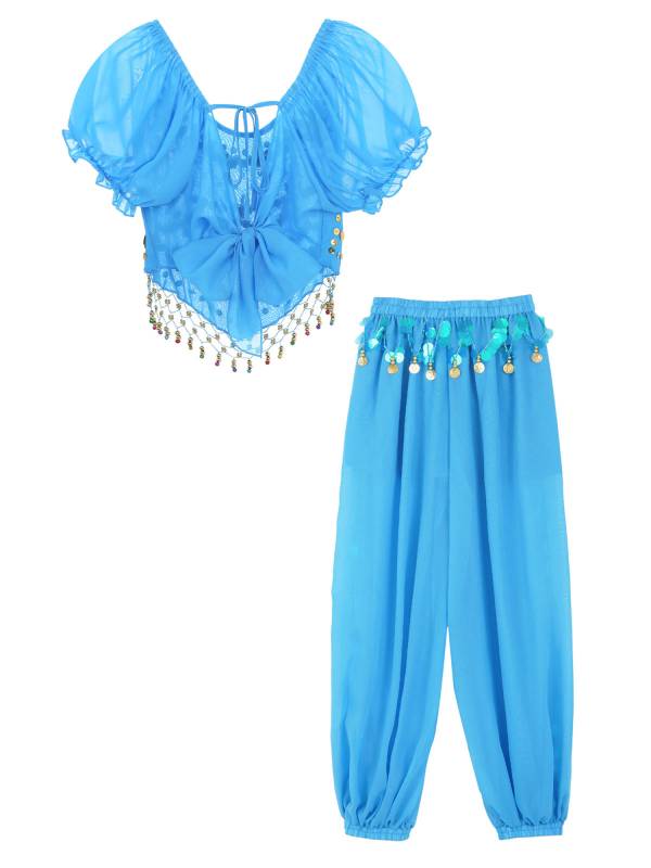Women 2pcs Short Sleeve Sequined Crop Top and Side Slit Pants Belly Dance Set thumb