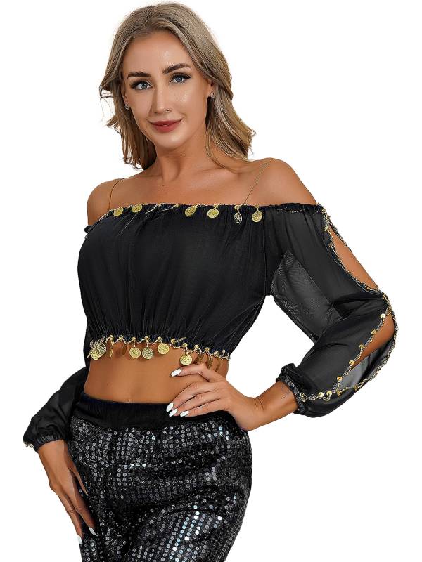 Women Off Shoulder Puff Sleeve Crop Top and Sequin Chiffon Skirt Belly Dance Set thumb
