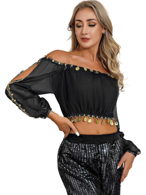 Women Off Shoulder Puff Sleeve Crop Top and Sequin Chiffon Skirt Belly Dance Set thumb