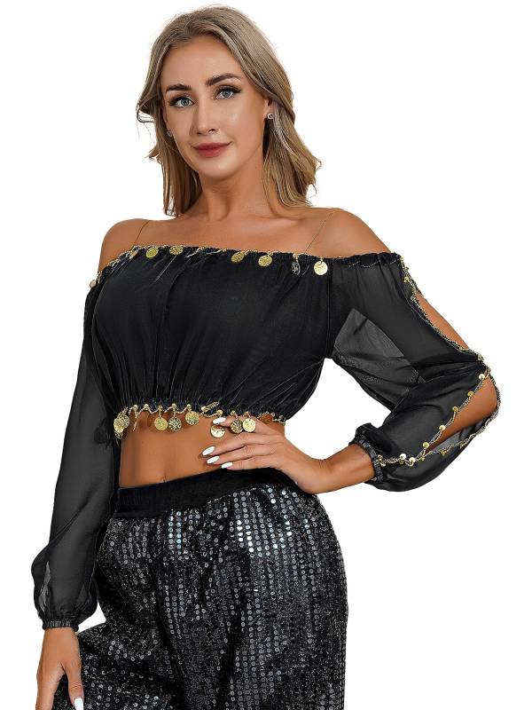 Women Off Shoulder Puff Sleeve Crop Top and Sequin Chiffon Skirt Belly Dance Set thumb
