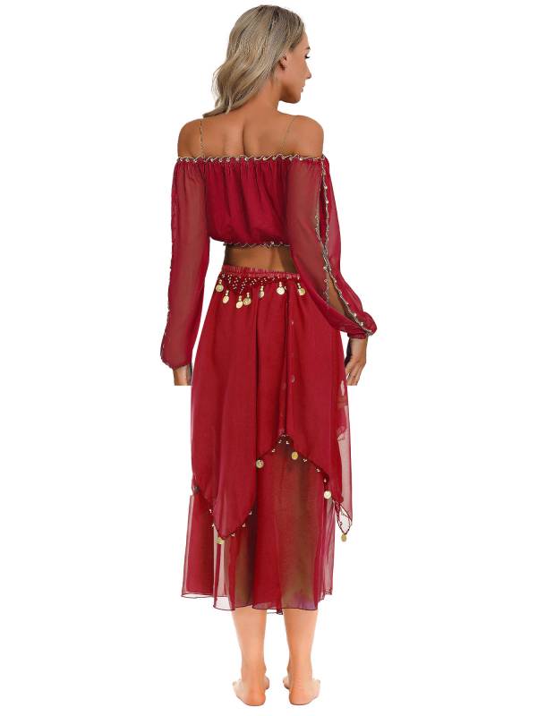 Women Off Shoulder Puff Sleeve Crop Top and Sequin Chiffon Skirt Belly Dance Set thumb