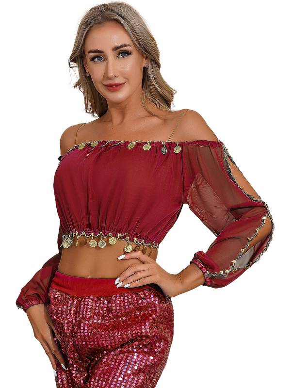 Women Off Shoulder Puff Sleeve Crop Top and Sequin Chiffon Skirt Belly Dance Set thumb