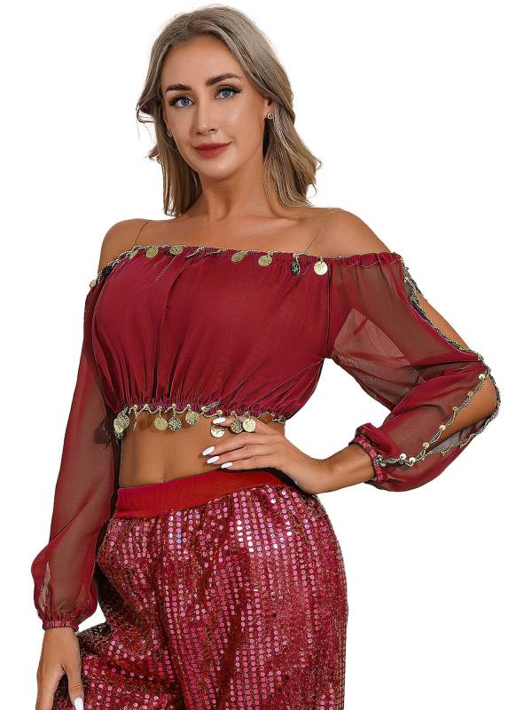 Women Off Shoulder Puff Sleeve Crop Top and Sequin Chiffon Skirt Belly Dance Set thumb