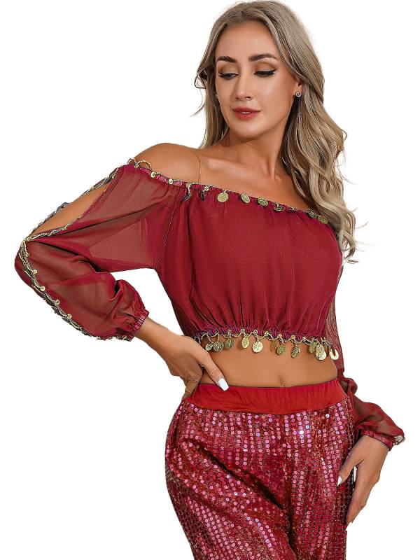 Women Off Shoulder Puff Sleeve Crop Top and Sequin Chiffon Skirt Belly Dance Set thumb
