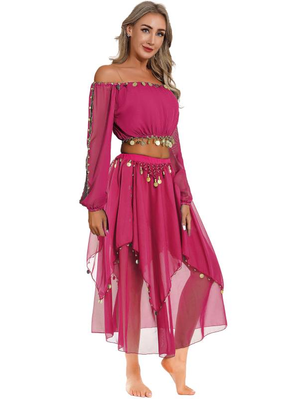 Women Off Shoulder Puff Sleeve Crop Top and Sequin Chiffon Skirt Belly Dance Set thumb