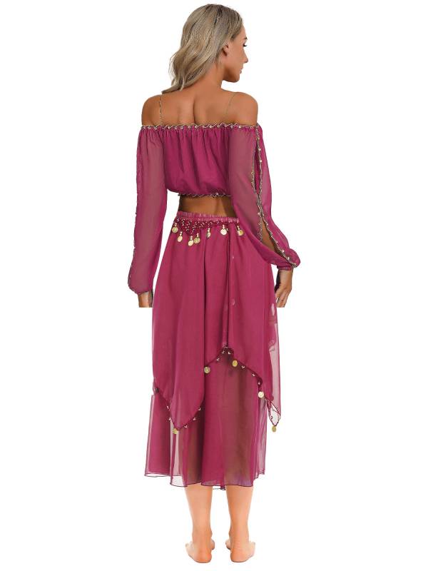 Women Off Shoulder Puff Sleeve Crop Top and Sequin Chiffon Skirt Belly Dance Set thumb