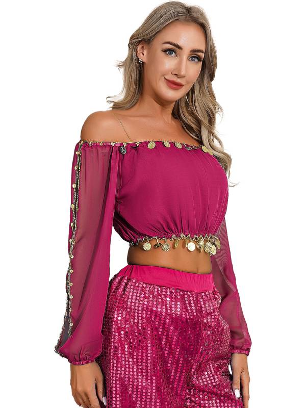 Women Off Shoulder Puff Sleeve Crop Top and Sequin Chiffon Skirt Belly Dance Set thumb