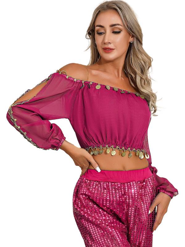 Women Off Shoulder Puff Sleeve Crop Top and Sequin Chiffon Skirt Belly Dance Set thumb