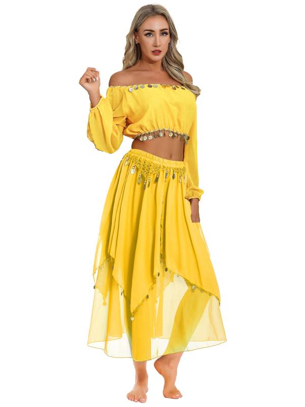Women Off Shoulder Puff Sleeve Crop Top and Sequin Chiffon Skirt Belly Dance Set thumb