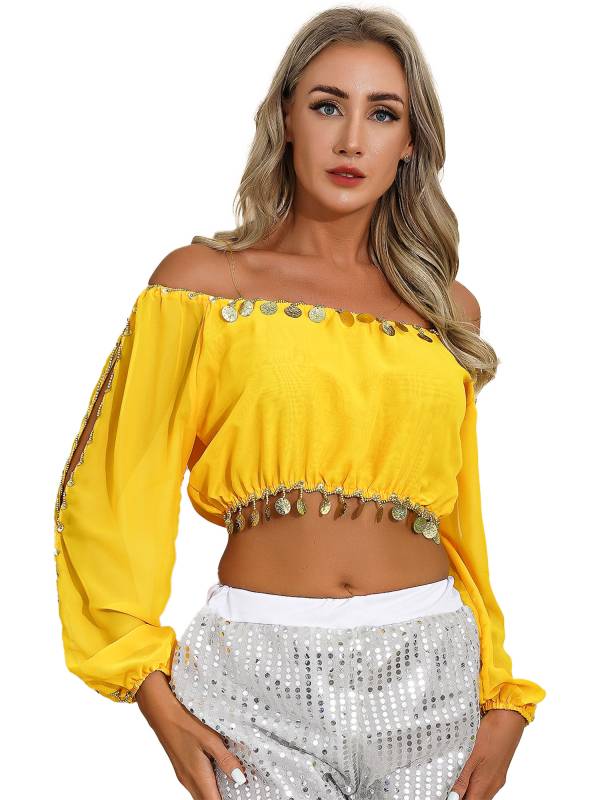 Women Off Shoulder Puff Sleeve Crop Top and Sequin Chiffon Skirt Belly Dance Set thumb