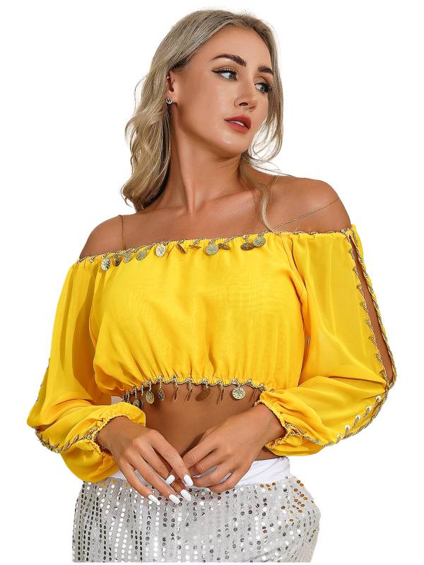 Women Off Shoulder Puff Sleeve Crop Top and Sequin Chiffon Skirt Belly Dance Set thumb