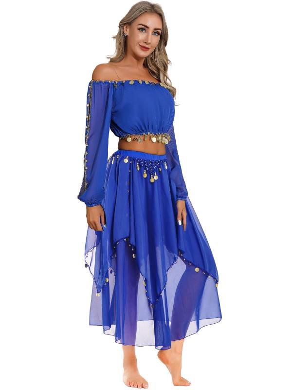 Women Off Shoulder Puff Sleeve Crop Top and Sequin Chiffon Skirt Belly Dance Set thumb