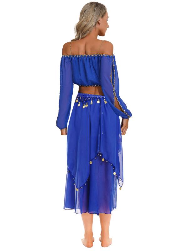 Women Off Shoulder Puff Sleeve Crop Top and Sequin Chiffon Skirt Belly Dance Set thumb