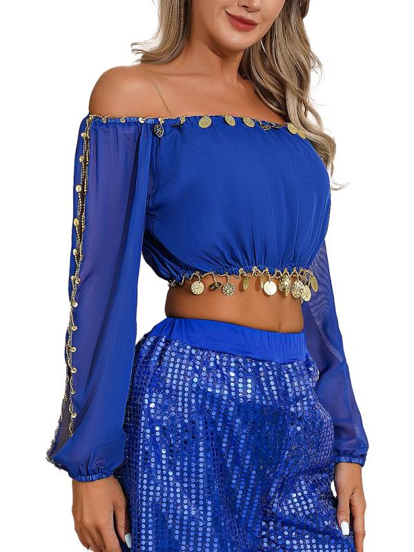 Women Off Shoulder Puff Sleeve Crop Top and Sequin Chiffon Skirt Belly Dance Set thumb