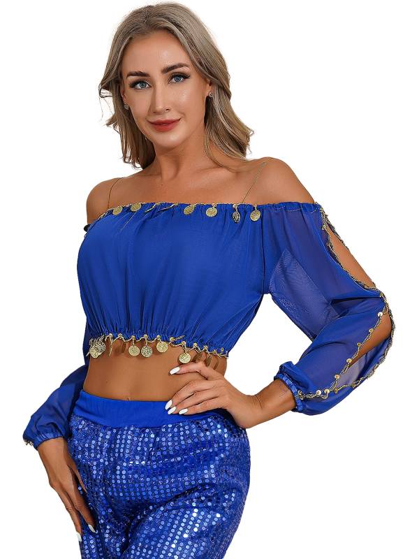 Women Off Shoulder Puff Sleeve Crop Top and Sequin Chiffon Skirt Belly Dance Set thumb