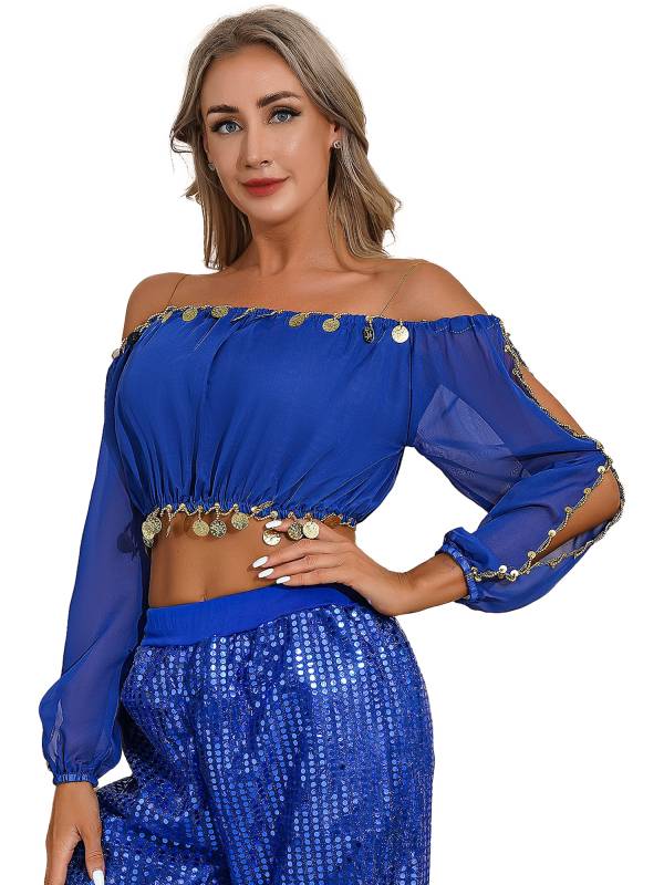 Women Off Shoulder Puff Sleeve Crop Top and Sequin Chiffon Skirt Belly Dance Set thumb